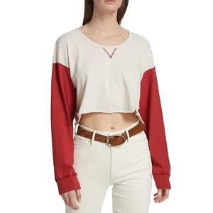 נשים אישית ארוך שרוולים O צוואר מקרית חולצות רך כותנה אדום לבן Colorblocked קצוץ צמרות עבור צעירים בנות 2023