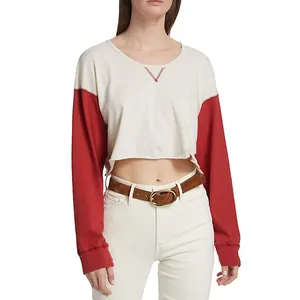 Top Casual da donna a maniche lunghe O collo personalizzato top corto in morbido cotone rosso bianco colorato per ragazze 2023