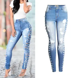 Autumn Hot Sale New Ladies Sexy Blue High Waist Tassel Slim Hip Lift Stretch Ripped Jeans