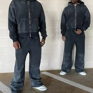 Custom Street Vintage Acid Wash 100% Cotton Hoodie Sets <b>Rhinestone</b> Streetwear Tracksuit For Men - Product Image 1