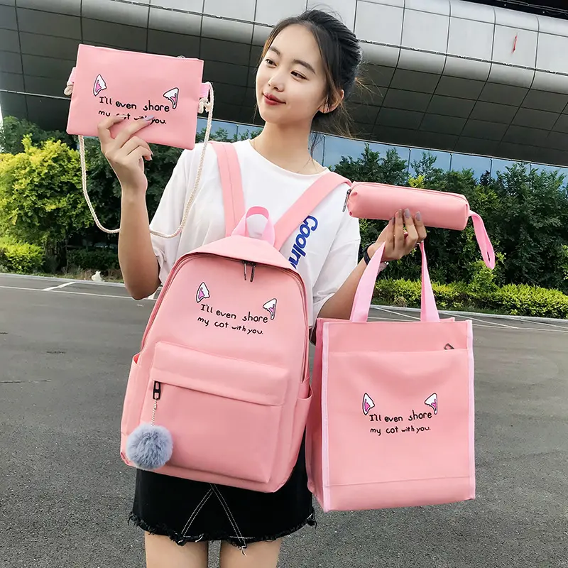 Moda Tendência Alta Qualidade Menina Mochila Bonito Rosa College 4 peças Set Menina Mochila Escola Bolsa Estudante Mochila Set