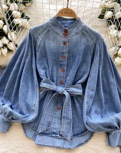 Nuova <span class=keywords><strong>camicia</strong></span> da <span class=keywords><strong>donna</strong></span> in Denim a maniche lunghe in vita autunnale con collo alto largo Casual Vintage - Product Image 3