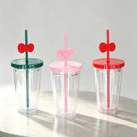 OEM/ODM Gobelet à thé Boba réutilisable à double paroi en plastique avec impression de dessins animés mignons, avec paille et couvercle