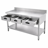 Table de préparation de cuisine professionnelle en acier inoxydable robuste avec 3 tiroirs et plan de travail avec protection anti-éclaboussures pour restaurant