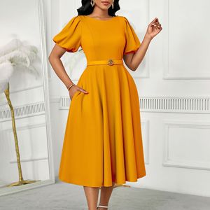Nuevo Vestido <span class=keywords><strong>de</strong></span> Noche <span class=keywords><strong>para</strong></span> Mujer, Elegante, con Mangas Abullonadas, Cintura Alta, Color Sólido - Product Image 2