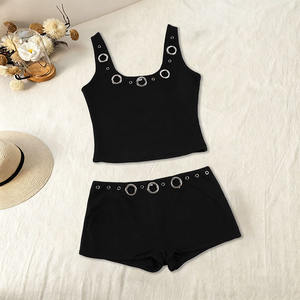 Conjunto de 2 Piezas de Moda Urbana Punk para Mujer, Tejido Elástico y Transpirable, Top sin Mangas y Pantalones Cortos con Botones, Estilo Casual - Product Image 6