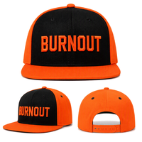 Topi Baseball Snapback Premium Vintage Twill Dua Warna 6-Panel, Panel Depan Hitam, Sisi Oranye, Pinggiran BURNOUT, Bordir 3D Timbul