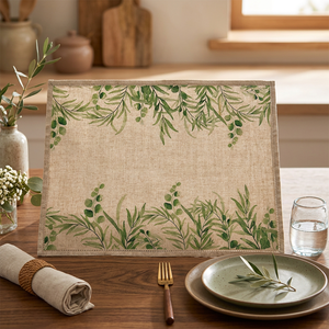 Set de table en lin de qualité supérieure avec imprimé de feuilles botaniques vertes |   Tapis de table décoratif rustique naturel - Product Image 5