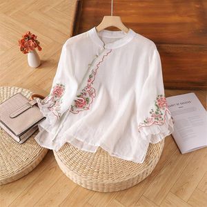 Women's Linen Embroidered Button Down Shirt Chinoiserie Three Quarter Sleeve Traditional Chinese Style Tea Dress Yellow - Product Image 5