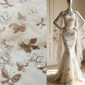 Tissu <span class=keywords><strong>en</strong></span> tulle à sequins papillon 3D dégradé champagne A029, tissu brodé <span class=keywords><strong>en</strong></span> filet pour robe de mariée et abaya du Moyen-Orient - Product Image 1