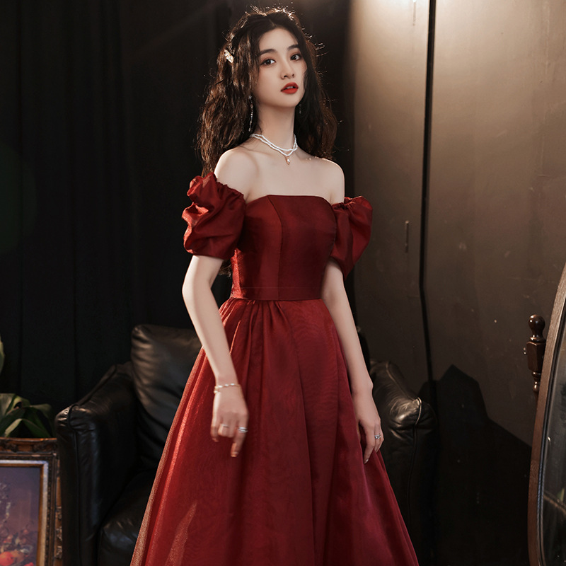 Women Princess Party Toast Wearable Claret-Red Bubble Dress