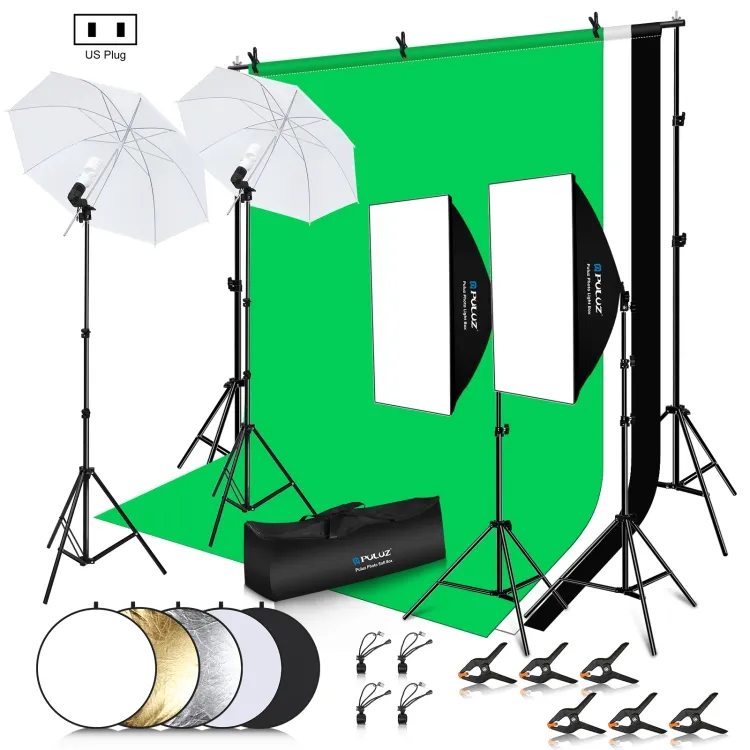 PULUZ LED Light Studio Softbox Photography Kit with Background Reflective Tripod Mount & Sandbags Studio Photo Equipment