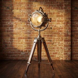 Lampadaire design chromé sur trépied en bois, idéal pour Noël – Lampe sur pied chromée avec pieds en bois - Product Image 4
