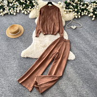 Ensembles tricotés 2 pièces pour femme automne-hiver : Haut à manches longues col montant semi-zippé et pantalon large décontracté
