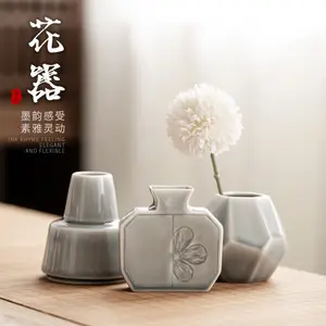 Florero minimalista de cerámica para decoración del hogar, jarrón moderno japonés con flores de color gris ahumado y esmalte hidropónico