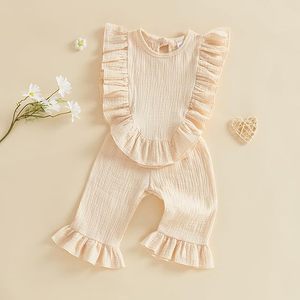 Completo Minimalista in Mussola per <span class=keywords><strong>Bambina</strong></span> 6 12 <span class=keywords><strong>18</strong></span> 24 <span class=keywords><strong>Mesi</strong></span> 2T 3T 4T, Top Estivo con Volant e Pantaloni in Lino - Product Image 5