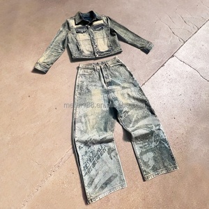 Custom Two Piece <b>Denim</b> Tracksuit Unisex Laser Print Logo Vintage Jeans Jacket and Jeans Pants <b>Jogging</b> Suit Heavyweight <b>Denim</b> Set - Product Image 1