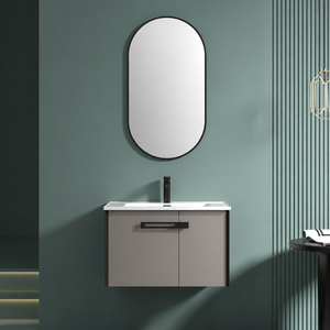 Meuble-lavabo mural moderne <span class=keywords><strong>gris</strong></span> taupe avec vasque en céramique monobloc et miroir ovale vertical noir - Product Image 4