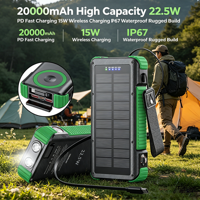 20000mAh Solar Power Bank IP67 Waterproof Portable Powerbank Built in Cable LED Flashlight Compass for Outdoor Camping