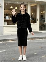 Ensemble 2 pièces en fourrure orné de strass de haute qualité, robe midi sans manches à col rond + veste courte à manches longues, costume d'hiver