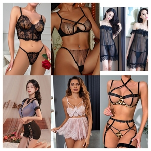 Wholesale Sexy Lace <b>Lingerie</b> Set Women Underwire Bra Thong Garter Straps Sheer Hollow Bodysuit Floral Pattern <b>Red</b> <b>Black</b> - Product Image 2
