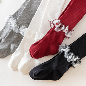 Leggings moulants en dentelle évasée pour filles, bas tricotés à pieds pour enfants, collants en coton peigné pour bébé - Product Image 6