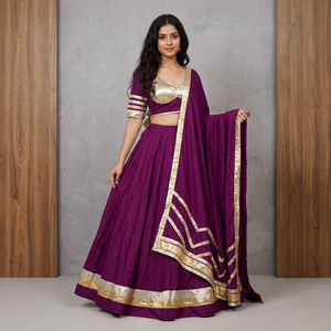 Conjunto de Lehenga Choli de Diseño en Color Morado con Borde Metálico Dorado y Dupatta para Eventos Festivos y Bodas - Product Image 1