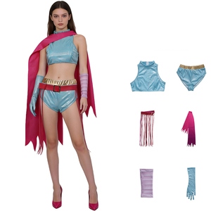 Costume assorti mère-fille inspiré de la <span class=keywords><strong>gazelle</strong></span>, haut court bleu brillant et short avec cape rouge, tenue de fête d'Halloween pour cosplay - Product Image 5