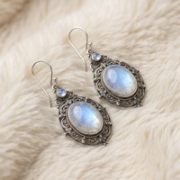 Boucles d'oreilles pendantes en argent sterling 925, style filigrane vintage, avec pierre de lune arc-en-ciel, OEM/ODM, boucles d'oreilles pendantes antiques en pierres précieuses