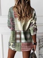 Pull tricoté patchwork pour femme 2026, imprimé vintage Paisley à carreaux, col en V, manches longues, 100 % polyester, motif numérique