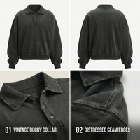 Sweat-shirt rétro délavé aux enzymes, noir vintage décoloré, en molleton de coton, coupe oversize, col rugby, épais, style sportswear, sans motif