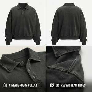 Sweat-shirt rétro délavé aux enzymes, noir vintage décoloré, en molleton <span class=keywords><strong>de</strong></span> coton, coupe oversize, col <span class=keywords><strong>rugby</strong></span>, épais, style sportswear, sans motif - Product Image 3