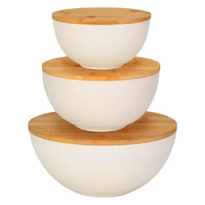 Saladier avec couvercle, ensemble de 3 bols de service en fibre de bambou naturel avec ustensiles et couvercles, bols à mélanger pour la préparation