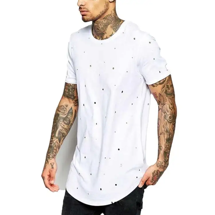 Customized Blank Distressed Longline Tshirt In White for Men