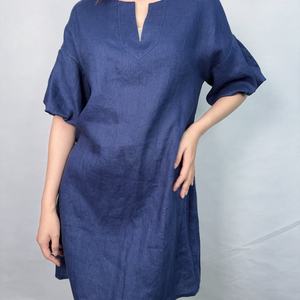 Vestido de Lino Personalizado para Mujer, Estilo Casual, Manga Corta, Largo Medio, Color Azul Verano - Product Image 2