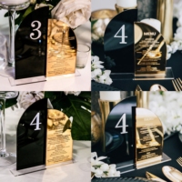 Miroir double demi-arqué noir et or pour menu de mariage et numéro de table Signe combiné Centre de table Décoration de mariage