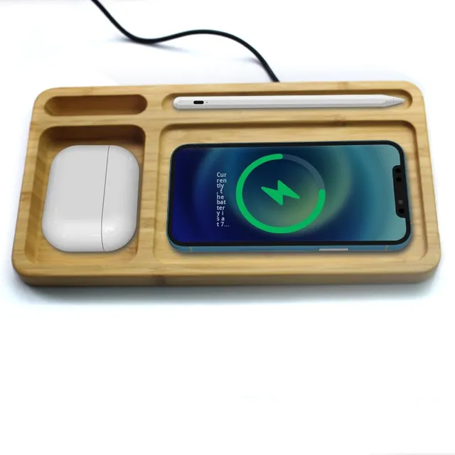 Environmentally Friendly 15W Bamboo Wireless Charger with 2 1 Charging Pallet Storage Box for Mobile Phone Model YX-788 YX Brand