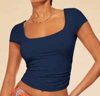 T-shirt à manches courtes uni et fin, col carré, décontracté, pour femme, été
