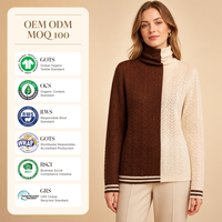 Pull en tricot torsadé personnalisé pour femme, style Preppy, col roulé, en laine et viscose, avec empiècements ajourés et blocs de couleur, collection automne