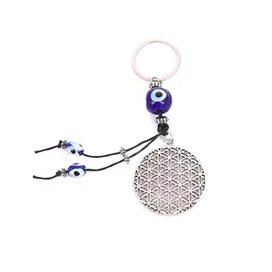 סיטונאי Keychain הולו פרח עיצוב סגלגל אקריליק עין חרוזים עגול צלחת מתכת תליון עין רעה Keychain
