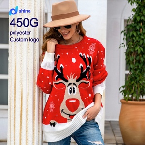 Pull d'hiver décontracté long pour <span class=keywords><strong>femme</strong></span>, tricoté jacquard, imprimé numérique anti-plis, motif renne de Noël personnalisé - Product Image 1
