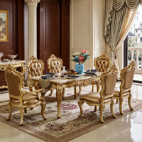 Ensemble de table à manger rectangulaire de luxe de style européen, sculpté à la main, en bois massif doré, chaises en cuir PU, meubles de salle à manger, vente en gros