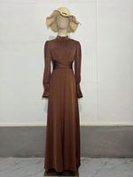 Dropshipping Robe longue en satin à manches évasées pour femmes Robe abaya ceinturée pour l'Aïd Ramadan Islam Elbise Robe longue Solid Party