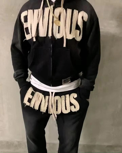 Survêtements zippés vintage en coton de haute qualité pour hommes, personnalisables, avec patchs, effet délavé et usé, bas de survêtement actifs - Product Image 6