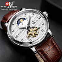 Montre automatique pour homme TEVISE 612, montre mécanique squelette de luxe, phase de lune, étanche, bracelet en cuir, montre tendance