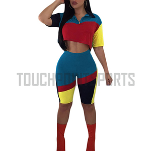 Custom Women Contrast Fabric 2 Piece Long Sleeve Hooded <b>Shorts</b> Tracksuit Set - Product Image 1