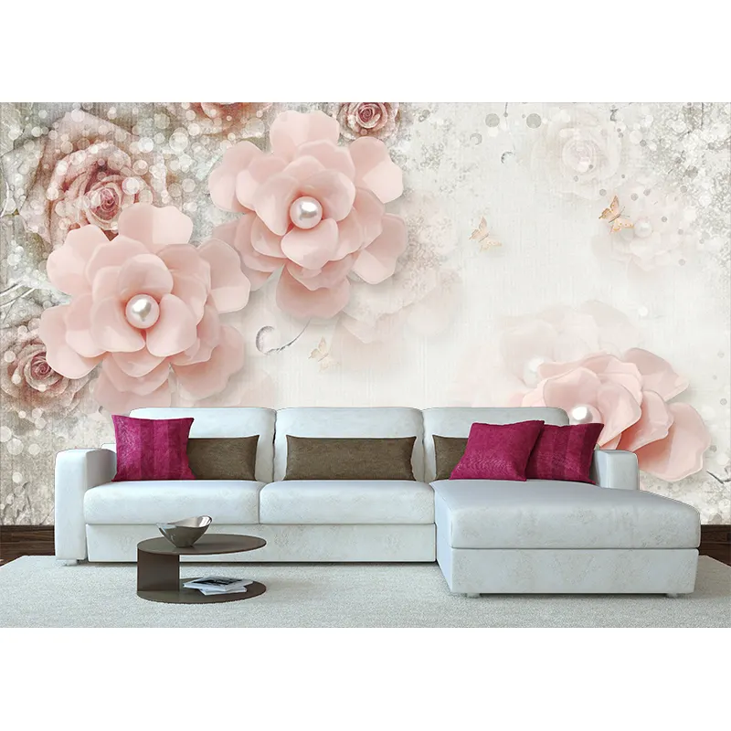 Custom Any Size 3d Mural Wallpaper European Style Pink Pearl Flower Photo Wallpaper For Living Room Wall