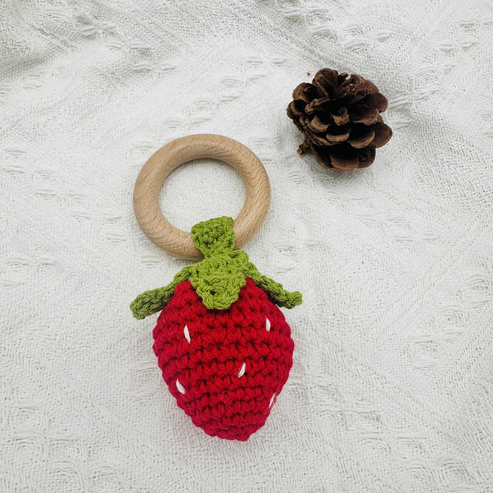 Custom logo Beech Wood Teething Strawberry Fruit Hand Crochet Cotton ...