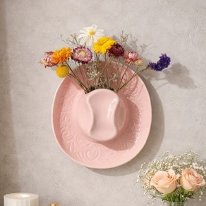 Cowboy <b>Hat</b> Vase Resin Wall Hanging Decor Rustic Floral <b>Display</b> Round Dark Brown Off White Pink - Product Image 3