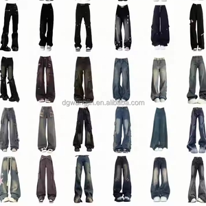 Pantalones informales transpirables con botones de lavado oscuro a la moda de verano para mujer, pantalones vaqueros de pierna ancha holgados, patrón sólido desgastado para otoño - Product Image 1